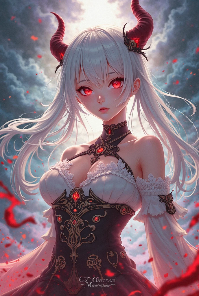 (best quality, 4k, 8k, highres, masterpiece:1.2),ultra-detailed,detailed face,((anime style)),Tanin beautiful caucasian woman with straight ((silver hair:1.6)),red eyes,holding her breasts with her hands, laying sideways on bed, white lingerie, flustered expression, ((red hair streak:1.5)), long hair, red colored inner hair,fair skin,voluptuous,detailed lips and eyes,expressive face,attractive appearance, oni horns on the head, demon wings, demon tail, 