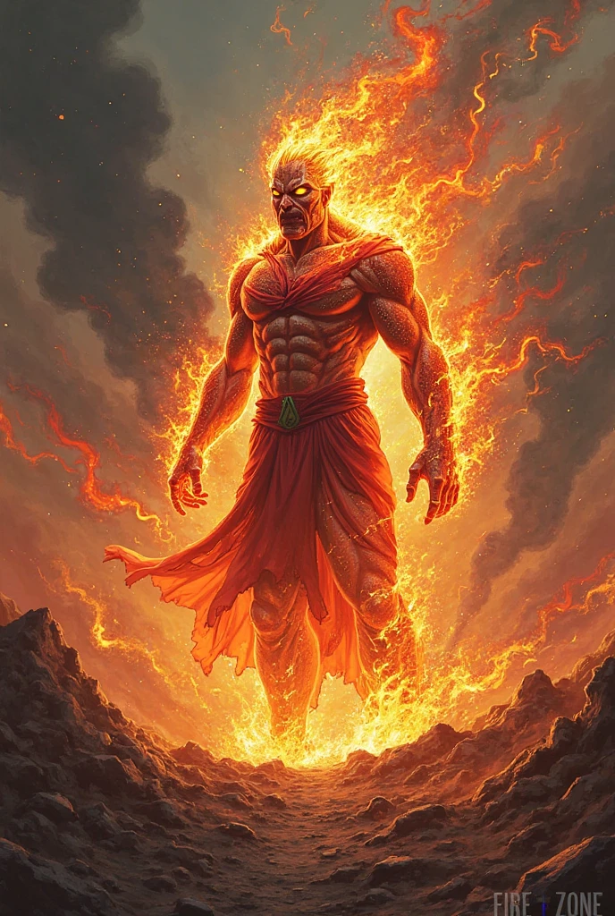 eruption of inner strength in the form of fire, A full-length man.