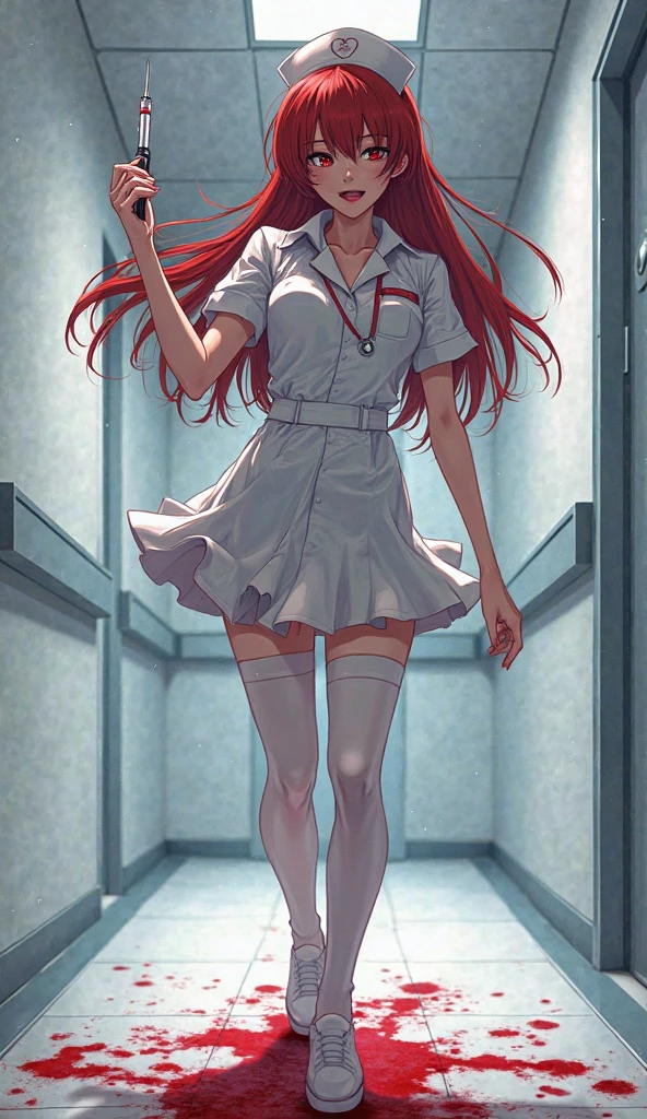 dark anime style, main character woman with long red hair with sinister expression and bright yellow eyes. He wears a black suit with a white shirt stained with blood.. The scene takes place inside an airplane with intense red lighting., dark seats splattered with blood, creating a dangerous and apocalyptic atmosphere. Includes signature of the artist &#39;KADEART&#39; in the center of the image. Sharp lines and detailed textures, especially in blood and lights