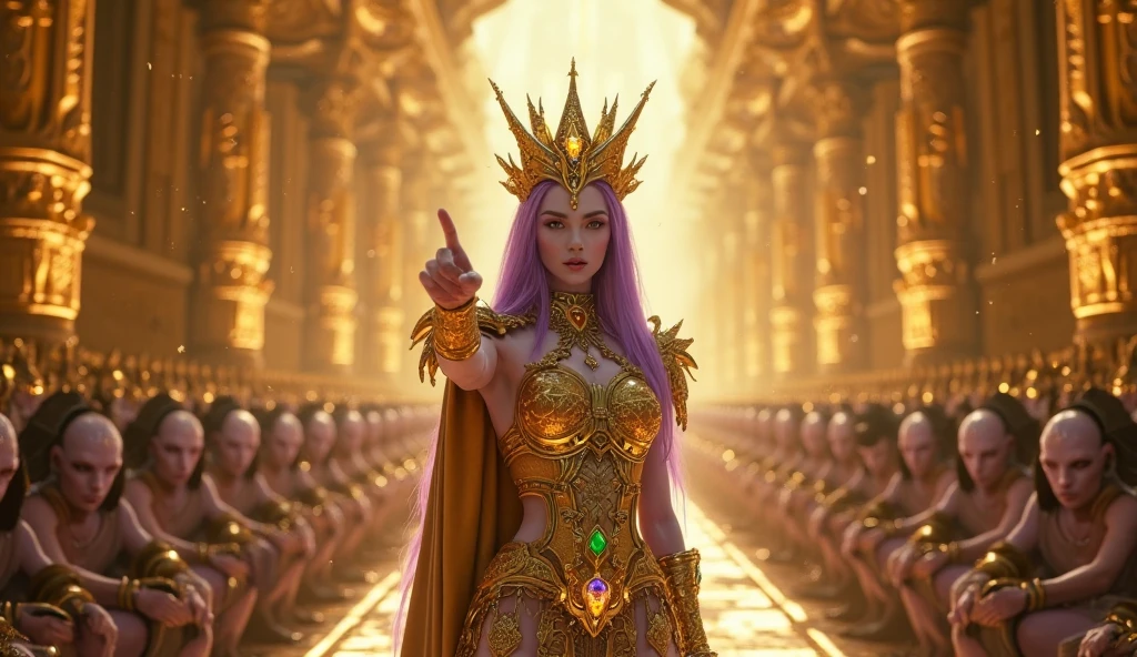 Generate a female goddess representing the zodiac sign virgo, dressed in gold robe, holding planet mercury, on earth, green hair