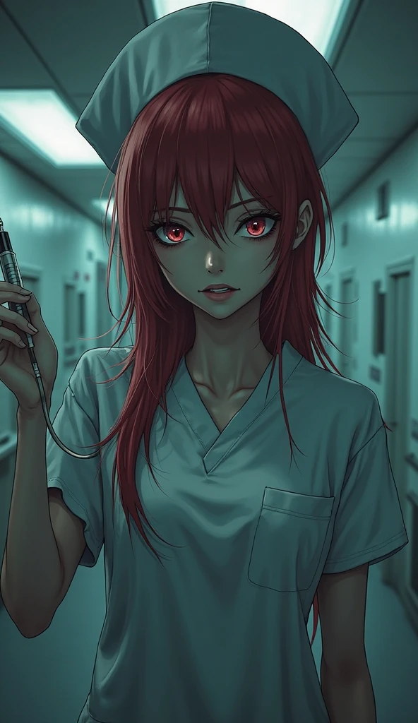 Young woman, red hair, long, serious expression, hospital setting, 30 years old, white coat, asylum, sitting in chair, blood-stained walls, sillent hill scenery --auto --s2