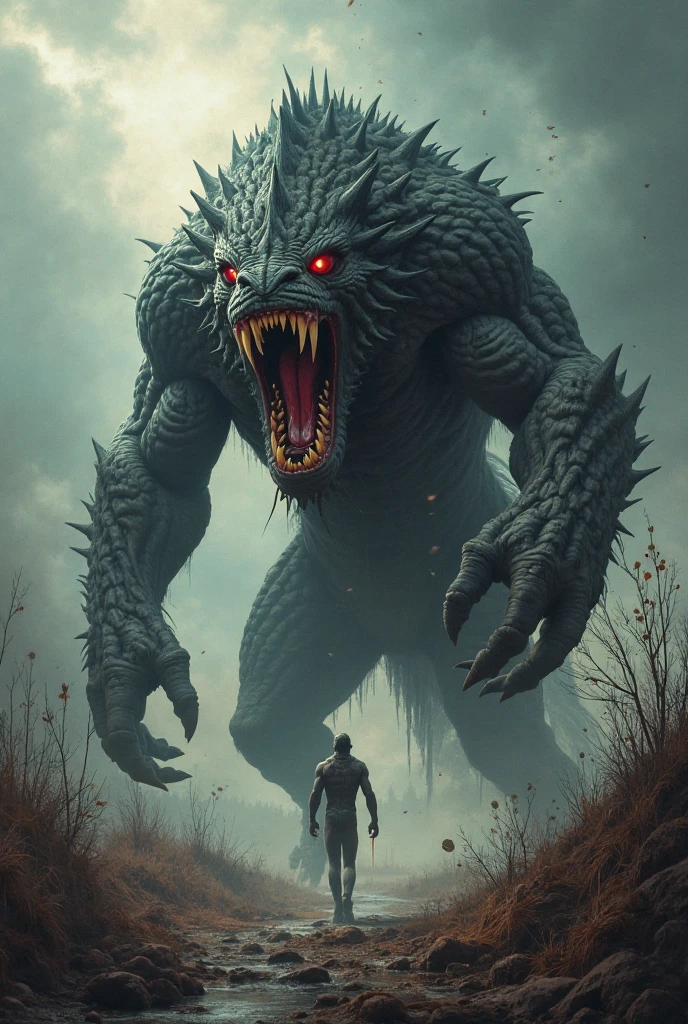 A very detailed painting，Depicts a man　have a weapon on a hill gazing at a giant alien monster flame breath, author：Shinkai Makoto, By Art Jem, From Wlop, author：Greg Rutkowski, Volumetric Lighting, Octane Rendering, 4K resolution, Popular on artstation, masterpiece ,wind magic