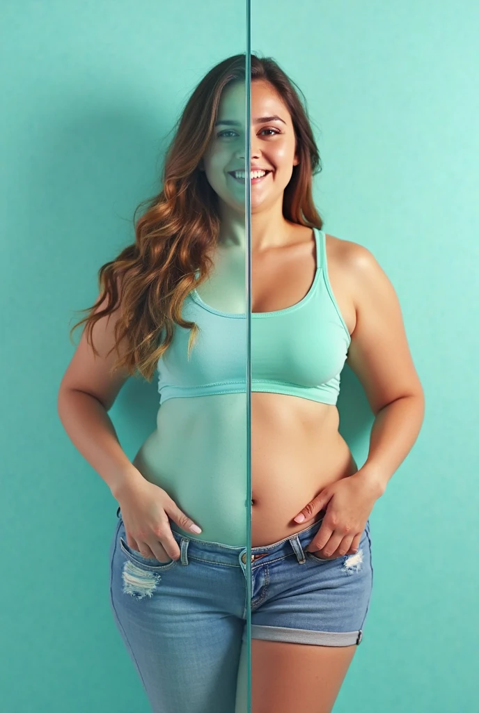 Book cover concept: A highly realistic and almost 3D quality image depicting the physical transformation of a woman from obesity to a slim, fit, and happy version of herself. On the left side, the woman is overweight, with a somber expression, wearing casual, loose clothing. On the right side, she appears slim, fit, and radiantly happy, wearing form-fitting athletic wear, with a confident and joyful smile. The background should transition smoothly from dark and muted tones on the left to bright and vibrant colors on the right, symbolizing the positive change in her life. Ensure the cover is ultra-high-definition 4K quality with a hyper-realistic style, capturing every detail of the transformation.