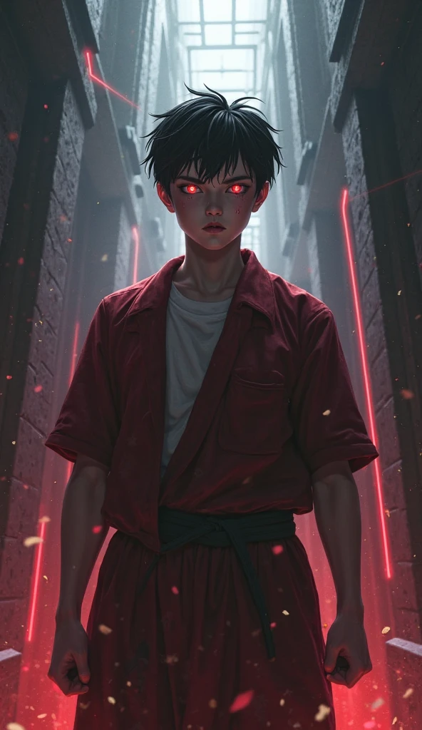 1 boy, meditating, monk, chained to the ground, cuffs, shackles on neck and limbs, red background, red eyes, glowing eyes, anger, defiant pose, looking at viewer, looking down, simple background, ultra-detailed, long sleeveless black suit, muscular, tough, damaged, wounds, kneeling, black and red theme, black and red theme,