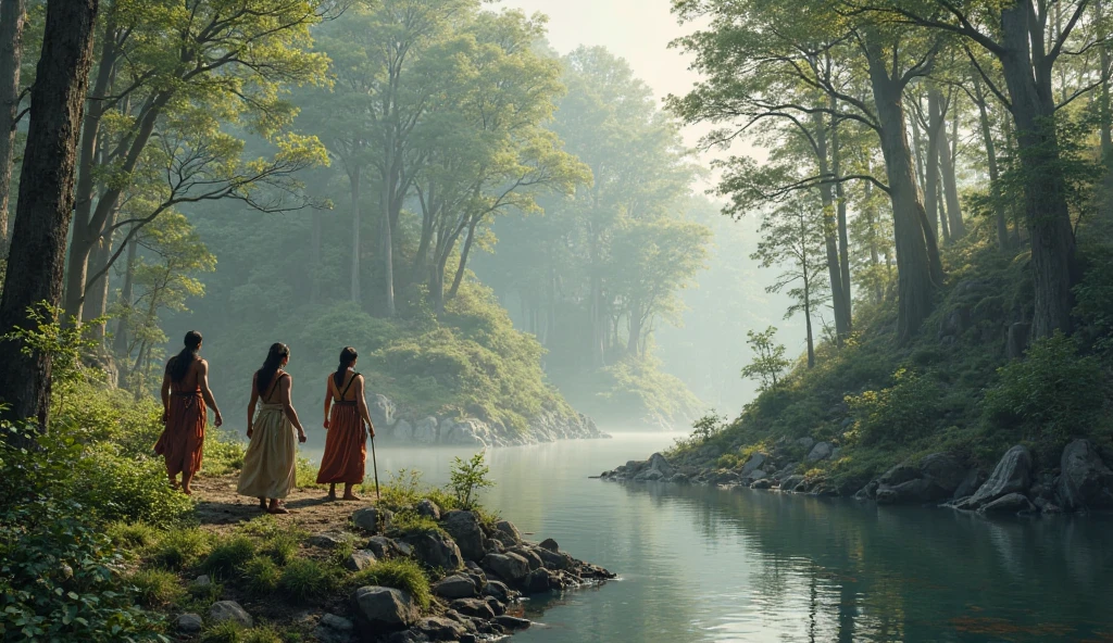 a tall, handsome, young and strong Filipino warrior hunter holding a spear saw a beautiful woman looks like pre-colonial woman wearing weaven cloth on the other side of rhe river beneath a Balete Tree