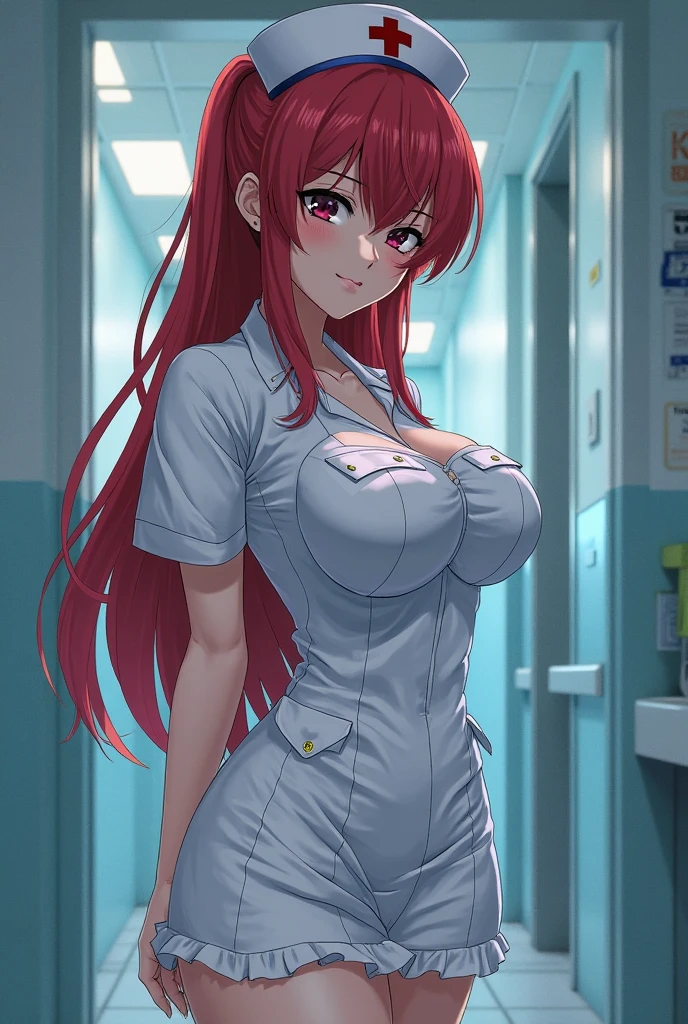 (nurse uniform),hospital,red hair,(sensitive smile:1.2),前hair,cleavage,semi-long hair,(big breasts:1.5),shiny,hair,((alone)),((masterpiece)),((highest quality)),perfect anatomy,slim waist,perfect image,8k uh,(detailed and beautiful eyes:1.5),highly detailed face,Are standing,(Upper body:1.1),(look ahead:1.1),back arm,Super detailed,disorganized,High resolution,