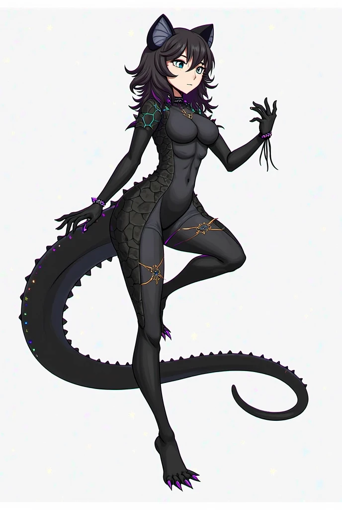 ultra fantasy dragon female adoptable, Chimera creature, with ultra large breasts, black white and dark purple, aquatic monster creature with a long tail and a lizard-like body