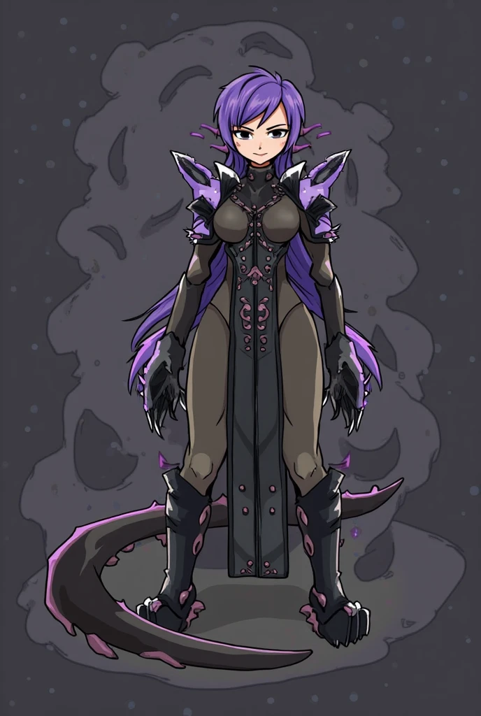 Busty female black dragon head, Huge black dragon wings, golden dragon horn,Covered with shiny black scales and a long tail. Wear simple and stylish mini bikini armor. . . Holding a spear,Posture straight,Full body portrait,Expression smile,Large Breasts