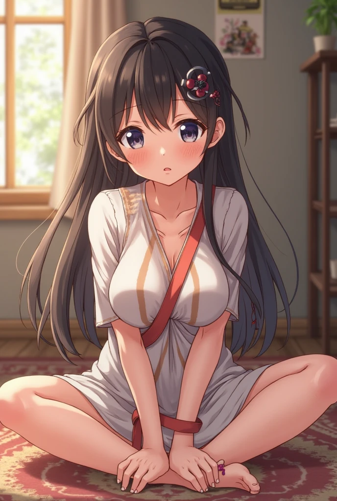 (small short figure girl, cute girl like a little sister aura:1.3), (lean in for a kiss:1.5), (detached sleeve, Married, Japanese bride, Wedding, wedding hakama skirt, yamato nadeshiko, 1girl, solo, outdoor, cute japanese model girl, very long hair, floral print, wedding hair ornament, wedding kimono, hakama, bangs, red rubby eyes, masterpiece, best quality, HD Pictures, 4K:1.2), gentle look, gentle smile, gentle eyes, mature looking, pinkish cheeks, very detailed eyes, very detailed pupils, very detailed hair, furisode, flower head accessories, from front pov, detailed face, full body, look up to viewer, close up to forehead, leaning forward to viewer, detailed long black hair, (deep cleavage, blushing red cheeks:1.4)
