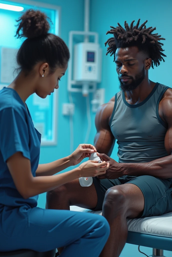 a strong black guy in the gym sitting, the strong white nurse putting vaccine in him