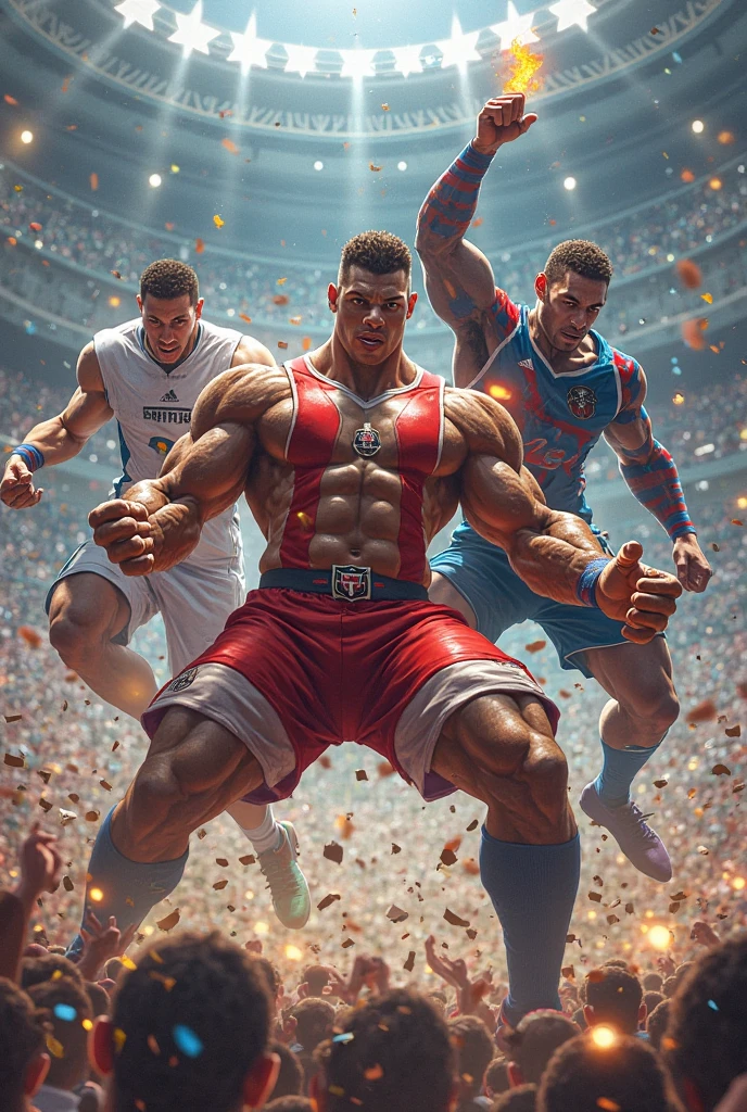 the olympic games paris 2024 with 4 white european french skinhead over-muscular bodybuilt young athletes with over-inflated pecs and biceps, spectacular abs, shirtless wearing Fred Perry short sport shorts, long white high Fred Perry socks and black steel toe skinhead tall boots, skinhead tattoos, shaved heads, stade de france,
