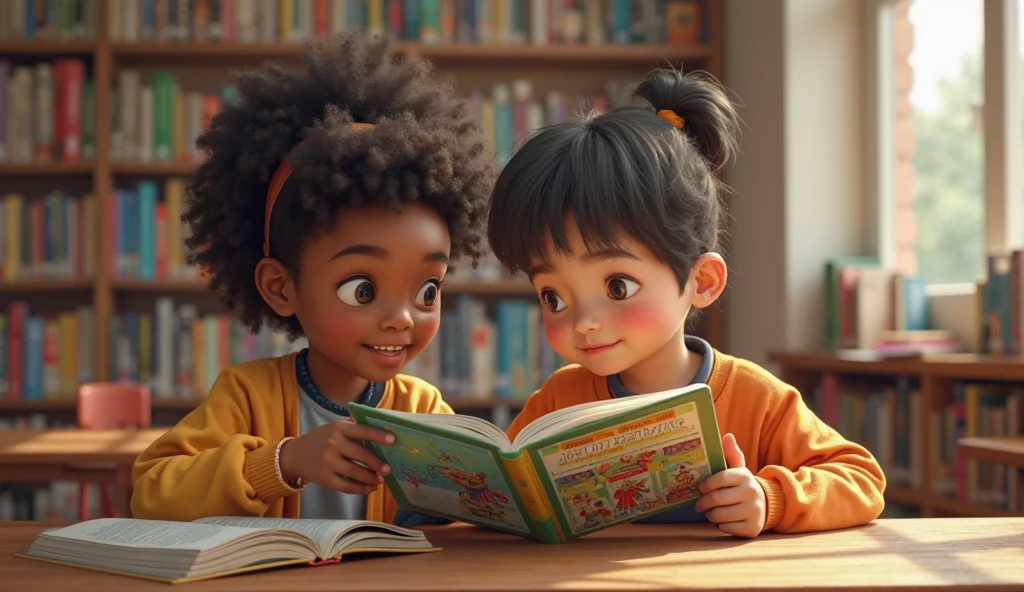 Two black girls with long wavy hair, background with notebooks and pencils. children's art, plain colors, cartoon.