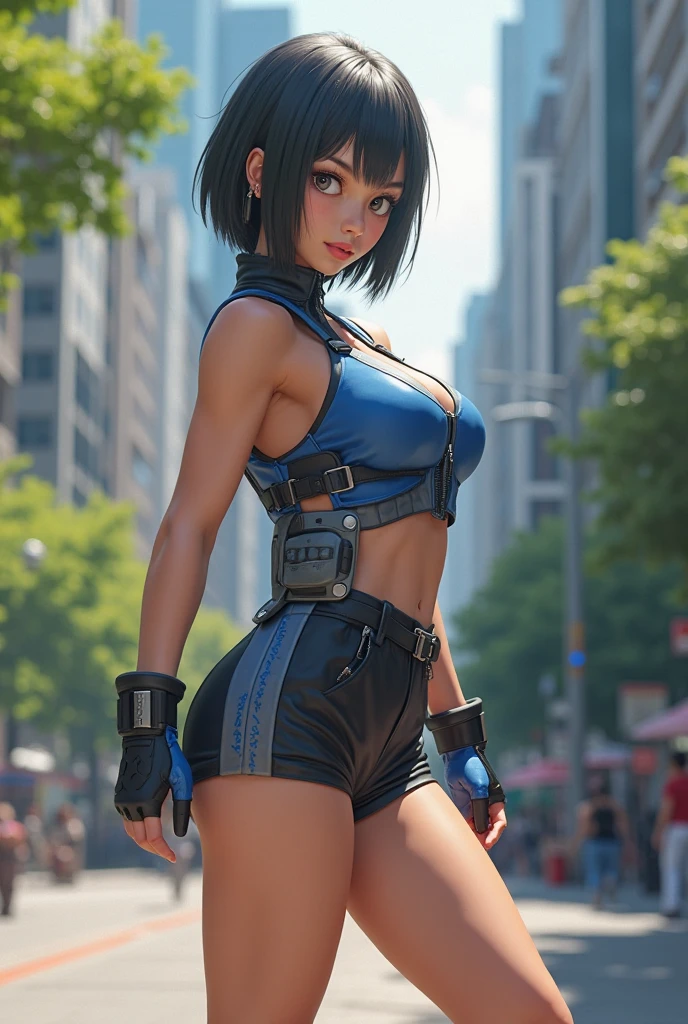 "Art in UHD that captures a 25-year-old woman wearing a white mecha costume, highlighted by blue props and neon lights. | The costume, adjusted to the body, enhances her characteristics, while she looks directly at the viewer, displaying a macabre smile that adds an enigmatic facial expression. Her blue hair, short with bangs over her right eye and two maria-chiquinha, contributes to her unique appearance. The scene unfolds in a post-apocalyptic scenario, with the presence of zombies and new Slug vehicles, such as an airplane, a helicopter, a drill, an elephant and an ostrich. Inspired by the styles of Metal Slug, Resident Evil and Megaman-X, the combination of environment and character results in a visually impressive composition.
| {The camera is positioned very close to her, revealing her entire body as she adopts a dynamic_pose, staring directly at the viewer with a sinister smile, expressing a macabre mood} | {She is adopting a ((dynamic_pose as interacts, boldly looking directly at the viewer, with a sinister smile and an intense expression):1.3), ((perfect_pose)), ((full body)), ((perfect_fingers, better_hands, perfect_hands, perfect_legs):0.7), More Detail, perfect,”