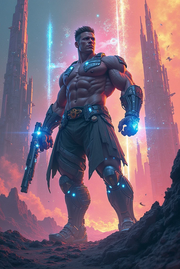 a lean hairy shirtless man, body covered in colourful splashes of lights, full body, moody, award winning concept art, 8K, natural lighting, illuminism