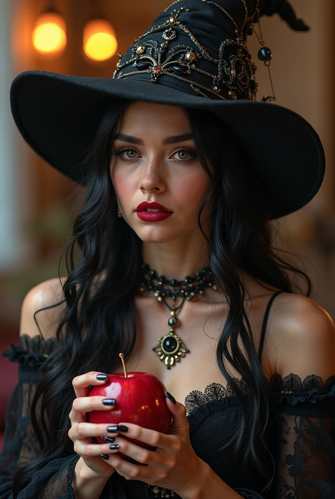indian witch Girl,Black long hair,Black Queen,accessories,Apple in hand,Poison apples,Witch Queen,Red lipstick