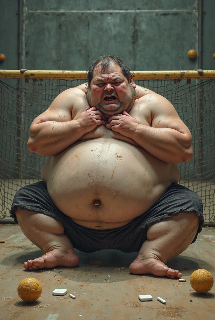 Photorealistic middle-aged obese Japanese male、Single eyelid、50th Generation、Short black mustache、Short black buzz cut、whole body、Fat-laden muscle bear、Homosexuals、Full Body、Thick, short legs with muscle and fat、Short, thick arms with muscle and fat、Square, thick face、Thick and muscular chest、Thick waist、A thick belly with muscle and fat、Dark, tanned skin、Hairy、筋肉と脂肪が着いて大きい胸部Thick waist、Thick boar neck、Thick Ass、A firm, taut and plump body、Thinning hair、Middle Age、Yellow race and dark skin、father、Father、father、has narrow eyes、Erotic、He was wearing white briefs and had some urine stains around his genitals.、Standing with one arm folded behind his back、The whole body is bound with a thick rope.、Side view, facing towards the viewer、Ultra-realistic high quality、Highest quality, Anatomically correct, tears, I want to cry, Character portrait, saliva, Grit your teeth, Drooling, Heavy breathing, tearsを流す, In the ruins during the day、Open your mouth,