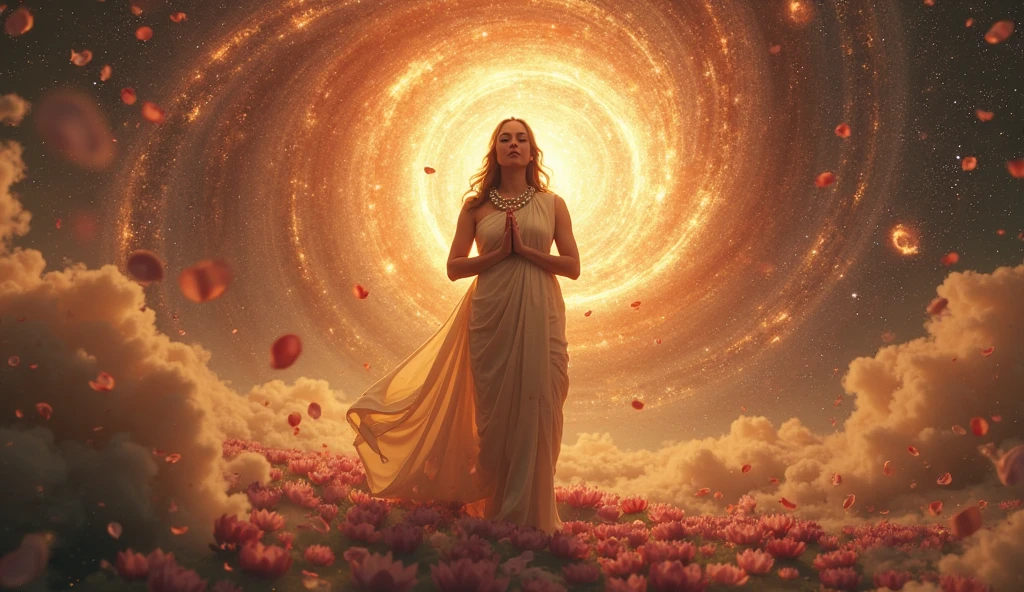 There was an angry woman kneeling on two large snakes, One red and one black,Hair stands on end,choker necklace,Delicate,bangle,ankle bracelets,Soft and light clothing,flowing clouds,Cloud,fresh flowers,(nice hand),(Good feet),(good legs),realisticlying,white skinned,((Correct body structure)),decorated in white,The sky is cloudy,A lot of lightning,Head background with round light,Behind him is a rainbow circle,Clouds and lightning,Unreal space,ethereal world,dreamworld,tmasterpiece,4K,ultra-definition,professional photoshooting,
