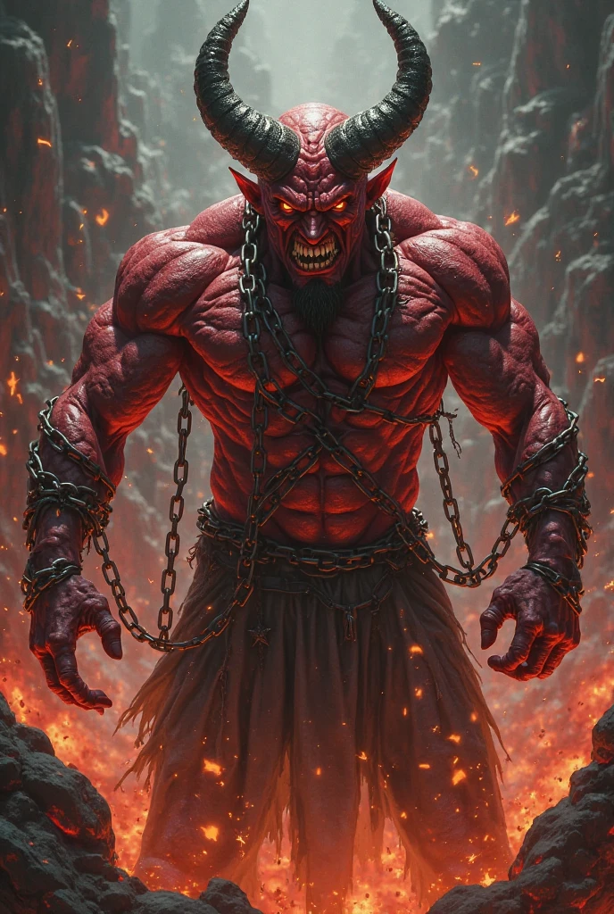The big devil has horns and his body is burned by very hot flames that make him suffer and there are many chains on his body that bind him very tightly and he is really being tortured by God., 4K,Realistic,HD,myth