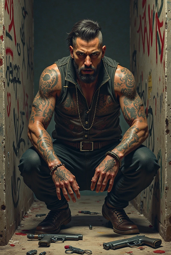 A handsome man with an athletic body covered in yakuza tattoos, black eyes and white cornea, hair neatly back, bare chested, wearing brown trousers, and brown gloves, sitting on an old sofa ,yakuza style, and smiled sadistically, with black smoke billowing behind him, realistic, futuristic, artistic