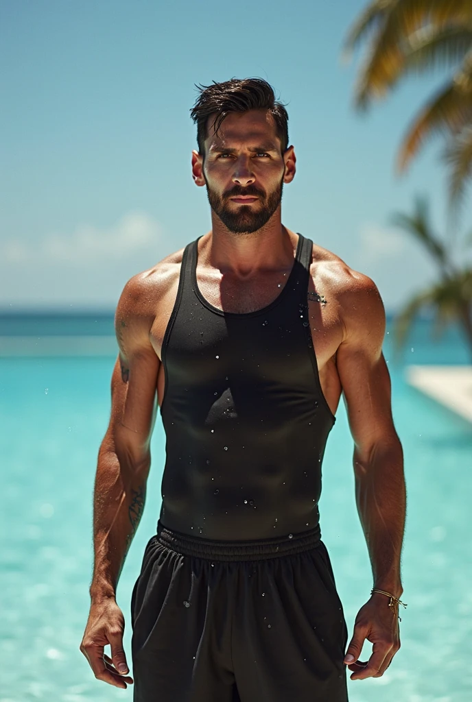 Hugh Jackman actor wearing a black shorts with yellow details and black sunglasses at a caribean beach day time blue sky