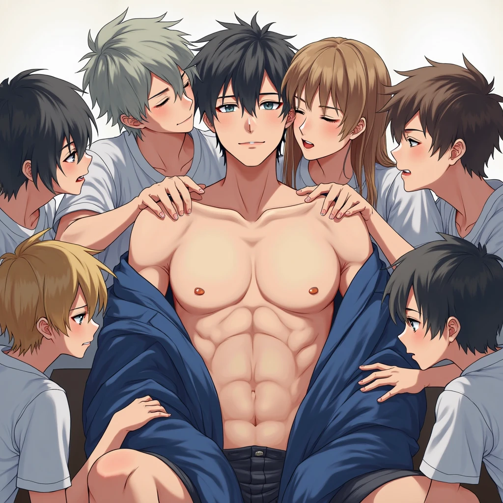 high quality, detailed, 22 years old bulky japanese boy, detailed brown eyes, (abs:1.5), (tanned dark brown shiny skin:1.5), (detailed areola:1.5), black short hair, (black tiny thong), (puffy bulge), pool