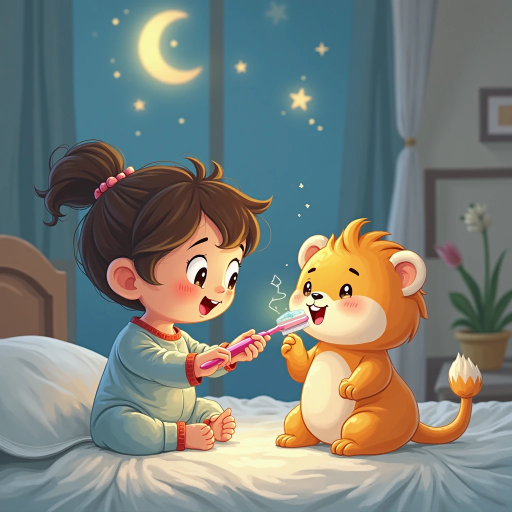 Create a cartoon image where a girl is saying goodnight to a dog, cat and a squirrel 