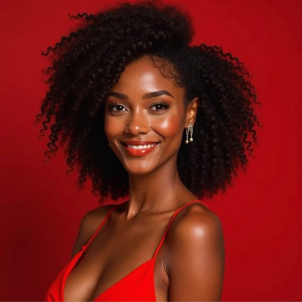 a black woman, chubby ,with black afro hair and beautiful smile with red lipstick 