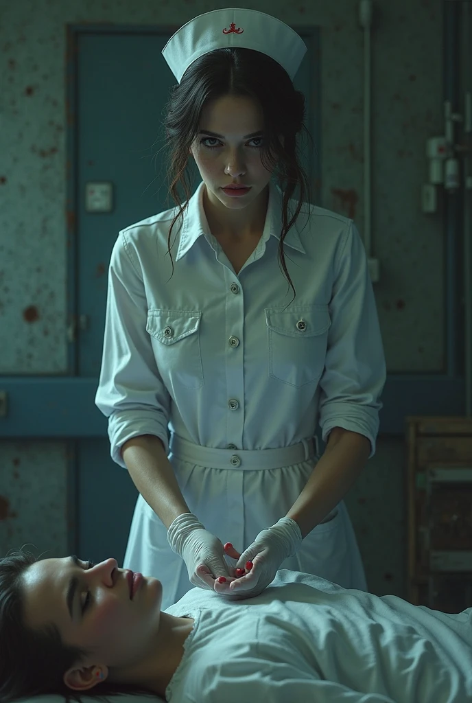 A undead female nurse takes a selfie next to a mummified patient lying on a bed, in the background a dilapidated and disturbing hospital room