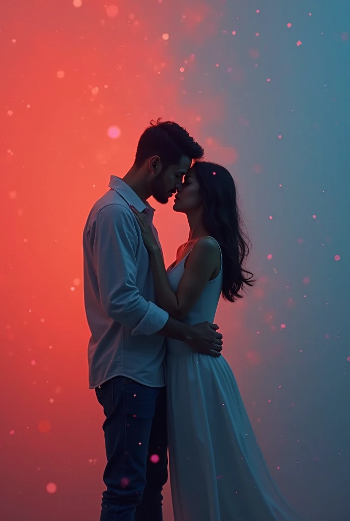 An indian boy wear long sleeved flannel blue checked button open shirt with beard looking romance with a girl who wear white High Low Victorian Dress Puff Sleeve Off Shoulder with various red light in background
