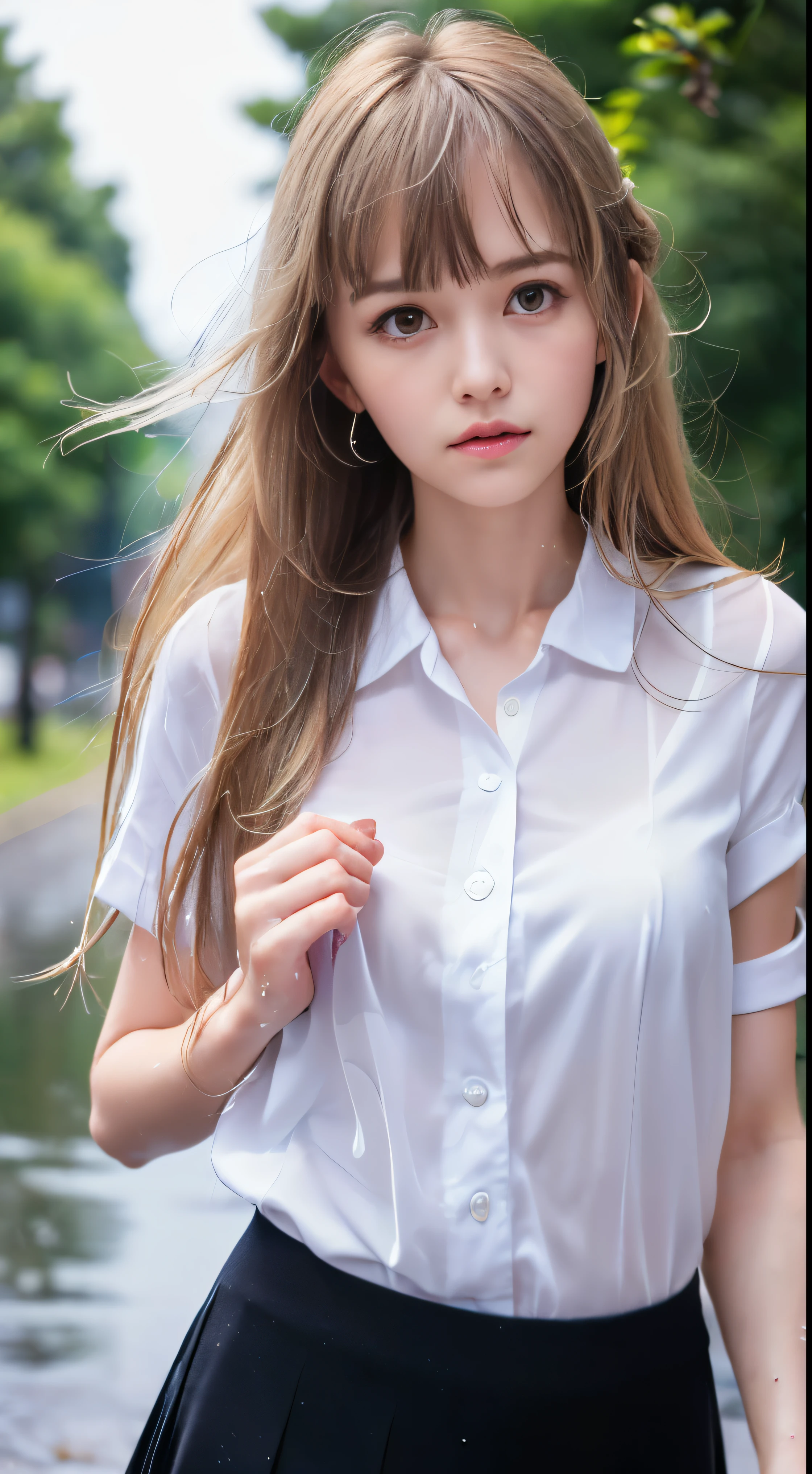 1 Girl, Blonde hair, Pointed ears, blue eyes, Clothes lift, Solitary, Hair accessories, Hairpin, Long hair, The shirt lifted, Weaving, Looking at the audience, Lips, Lift on your own, horse, Upper Body, navel, sky,White shirt,