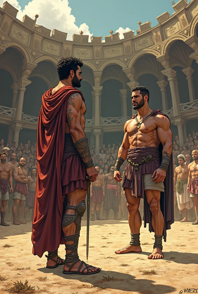 An ancient Roman street scene, where time seems to stand still amidst the grandeur of crumbling, ivy-covered buildings. Two men, one with a shirtless, muscular torso and the other wearing a tattered toga, are engaged in a heated discussion. The shirtless man's crimson underwear peeks out from beneath his waistband, a vivid contrast to the muted earth tones of the surrounding architecture. His arms are animated as he speaks, gesturing towards the horizon where the remnants of a once-mighty colosseum loom in the distance. The man in the toga holds a scroll tightly, raising his free hand to emphasize his points. The cobblestone street is empty, allowing the viewer to focus on the intensity of their conversation. The buildings, with their arched doorways and faded frescoes, whisper tales of a bygone era. The soft light of the setting sun casts long shadows, painting the scene with warm hues that highlight the textures of the stone and the folds of their clothing. The overall atmosphere is one of antiquity and passion, as the men's interaction brings the timeless human narrative to life against the backdrop of Roman decay.