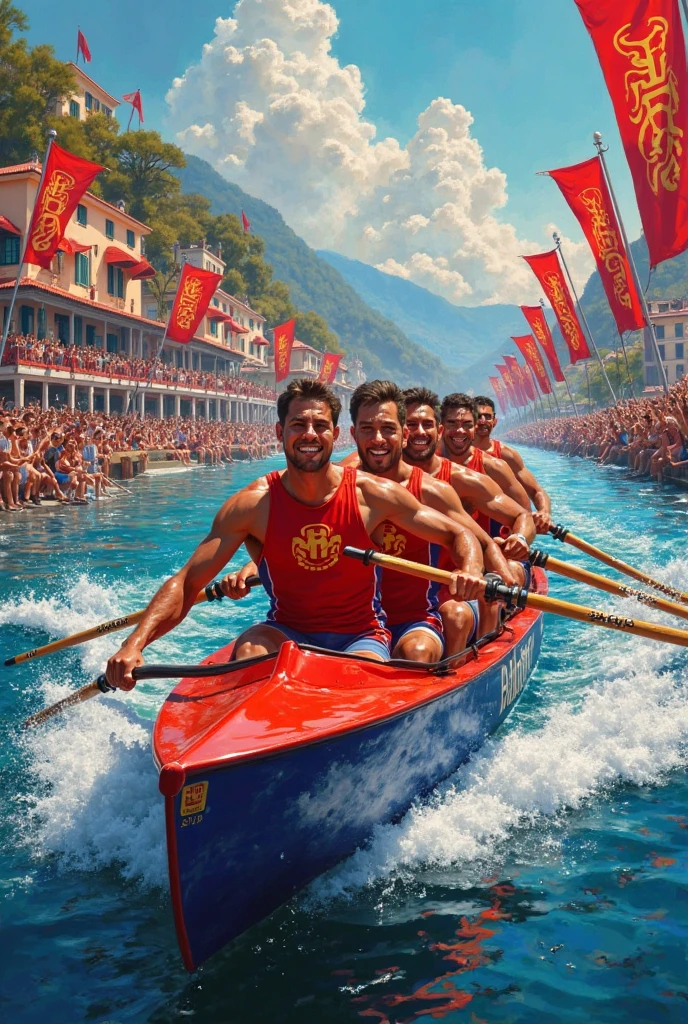 Muscular lifeguard men running across beach