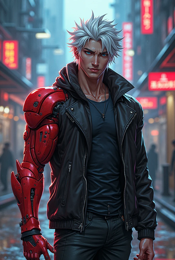 arafed male character in a city street with a sword, son of sparda, by Yang J, style of raymond swanland, muscular! cyberpunk, handsome guy in demon slayer art, by Shen Zhou, [ trending on cgsociety ]!!, muscular male undead cyborg, stunning character art, epic sci - fi character art, epic scifi character art
