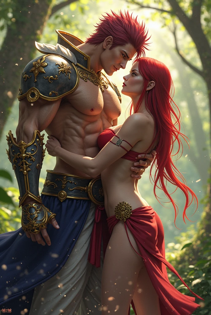 (couple cuddling) Man, barbarian, fierce, bulky, sinewy muscles, wearing bear skin cloth, and, Woman, beautiful, young, large breasts, long red hair, wearing skimpy ancient clothing, long legs, infront of an ancient palace, by Luis royo, by Frank frazetta, by Boris vellejo --auto