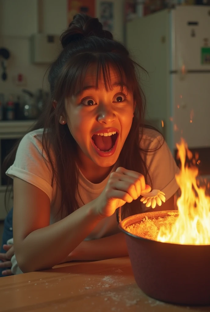 A girl inside a pot with an expression of horror and dread as she is cooked alive