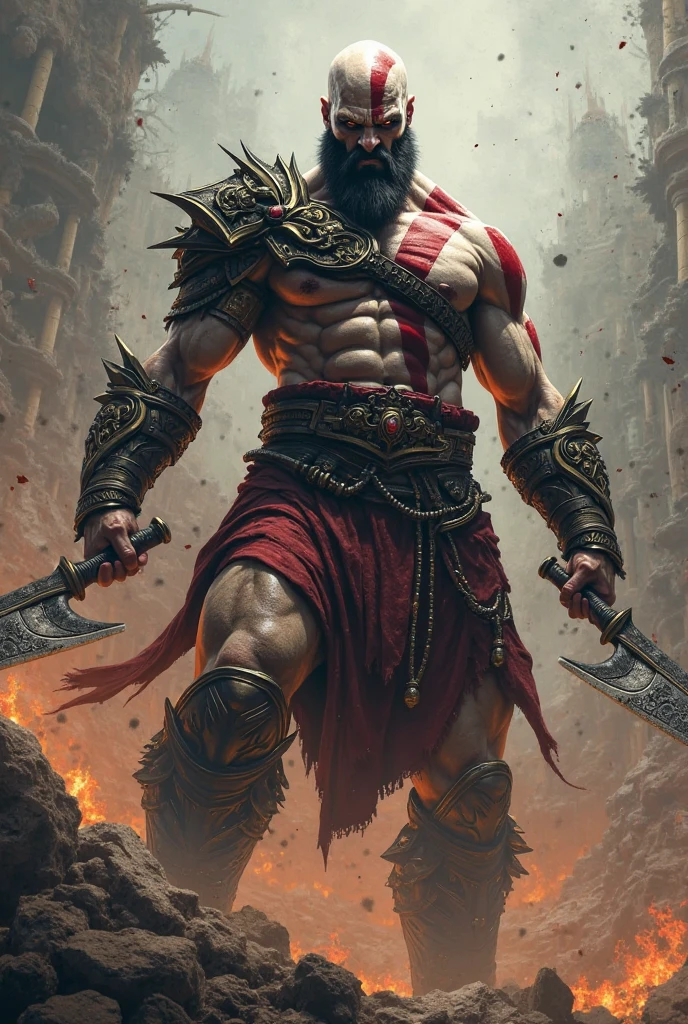 Kratos in the bronze background holding a axe