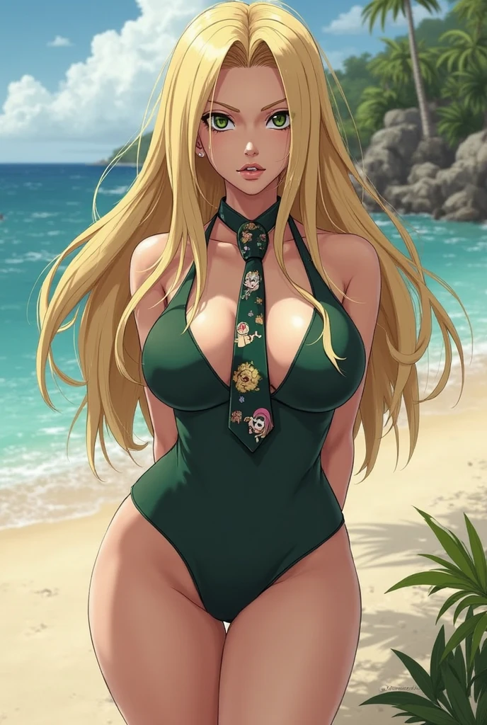 female, blonde long hair, green eyes, (((1girl))), (((light green and white one piece swimsuit))), cute and sexy, full body, large breasts, large butt, long legs, smiling