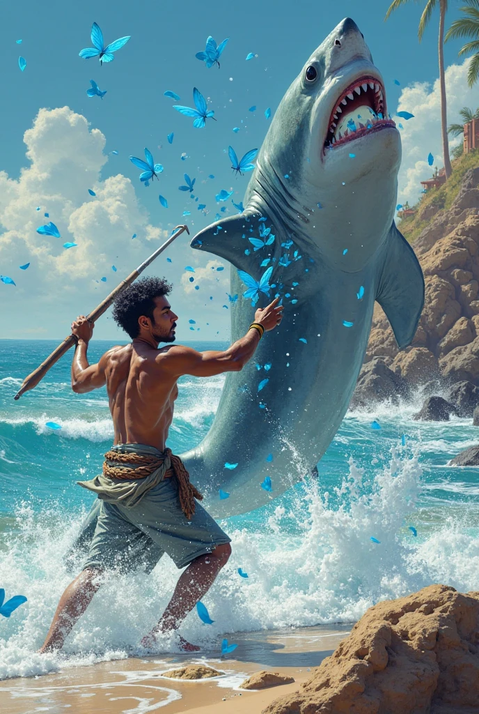 Black man water bending in the caribbean on land. Creating several water tornadoes. Fighting fire snake