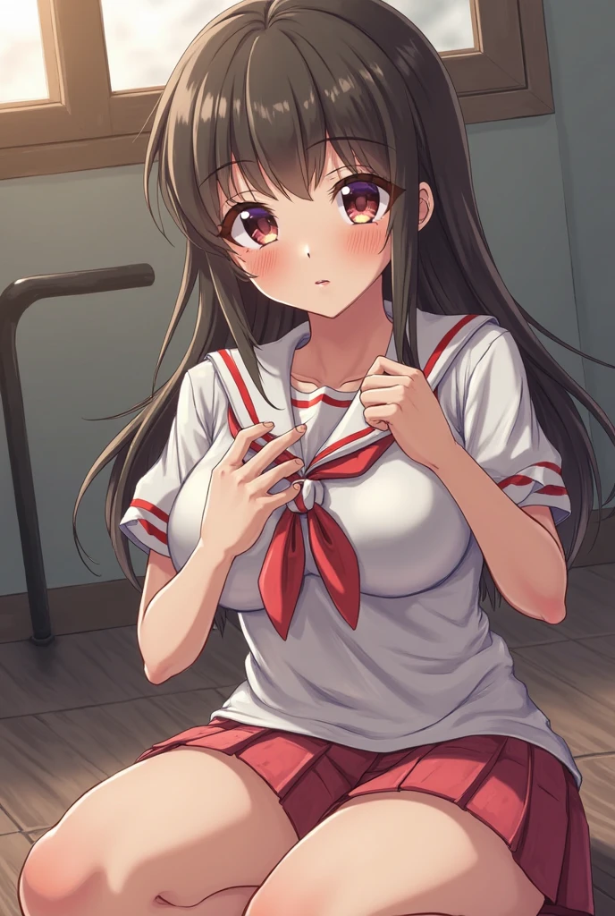 ((table top, highest quality, High resolution, perfect pixel, 4k,)), 1 girl, single, alone, Beautiful woman、I could see the whole body、 ((short wavy hair, bangs, brown hair)), ((brown eyes, beautiful eyelashes, realistic eyes)), ((detailed face, blush:1.2)), ((smooth texture:0.75, realistic texture:0.65, realistic:1.1, Anime CG style)), medium breasts, dynamic angle, perfect body, Angle looking up from below、 ((Sit on the floor with your legs wide apart、get down on one knee、Change clothes in the locker room、red and white cheerleader uniform、Red and white short-sleeved shirt、red and white ruffle skirt、、floral lace panties、))、、Look up shyly、Very embarrassing panic smile、、cover your chest with both hands、、