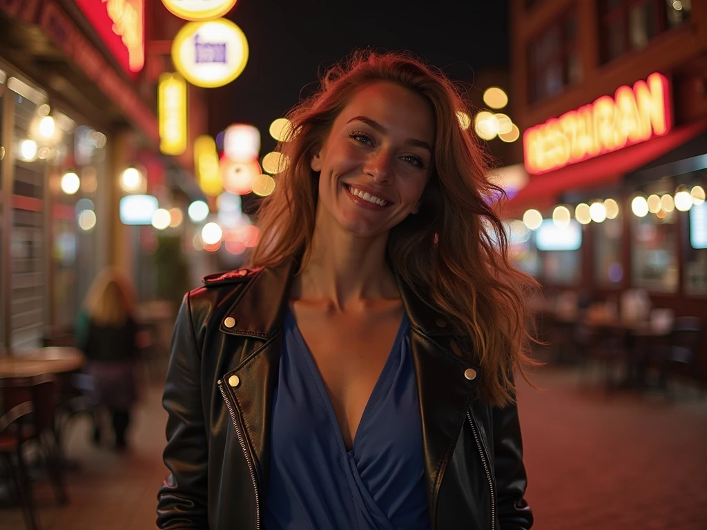 Photo taken at night in a dimly lit city of a Latin American woman between 20 and 24 years old with her hair in a ponytail, wearing a blue blouse, a black leather jacket and black pants looking at the camera with a flirtatious smile, realism