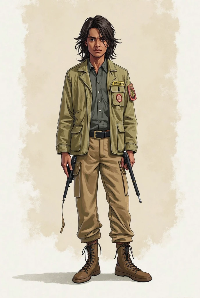 a woman,Taliana, <lora:TalianaXL:0.8>,short hair,black hair,(felt marker drawing:1.3),(detailed background),((wearing desert camouflage uniform,spotted camouflage)),standing besides heavy truck,in parking lot,in desert