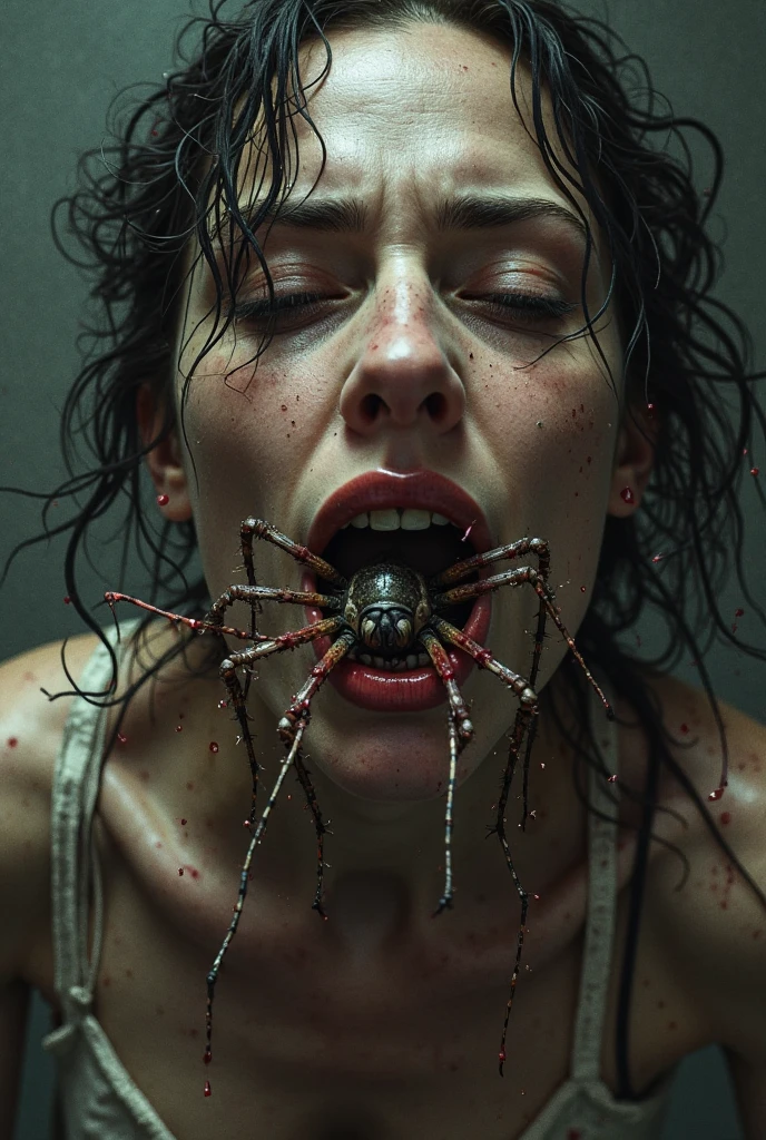 Arachne spinning spider web from the spinnerett , huge ass, full body, huge breasts, muscles, thighs, sticky silk, sticky spider web in background, futanari, long , hairy, short brown hair, spider net, spider nest, from below, shooting web