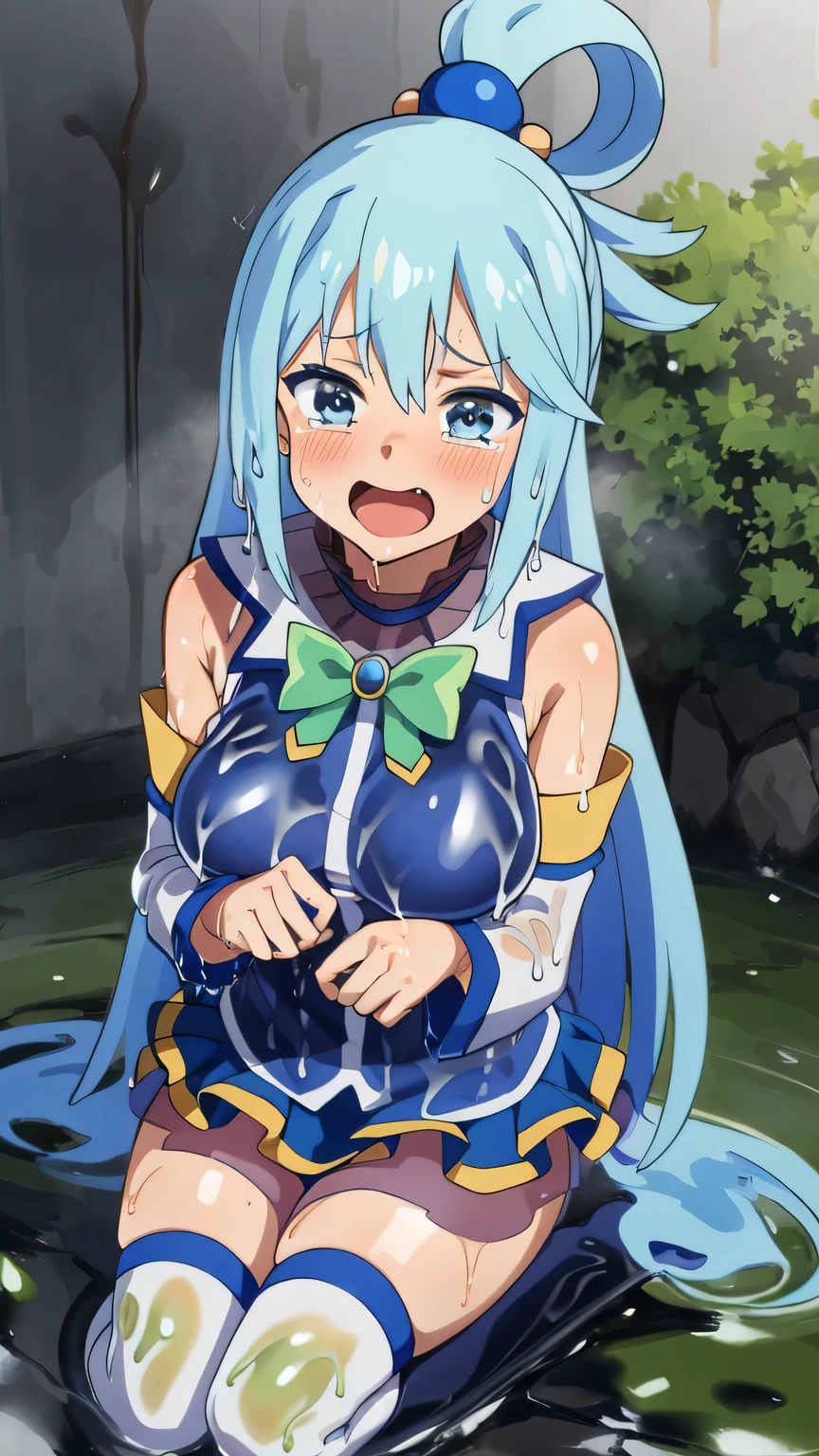 masterpiece, best quality, highres, aaaqua, long hair, blue hair, hair rings, hair ornament, choker, bare shoulders, green bow, blue shirt, detached sleeves, blue skirt, thighhighs, standing, (magic:1.2), (water:1.2), grin,show ass,show tits,free the nipple