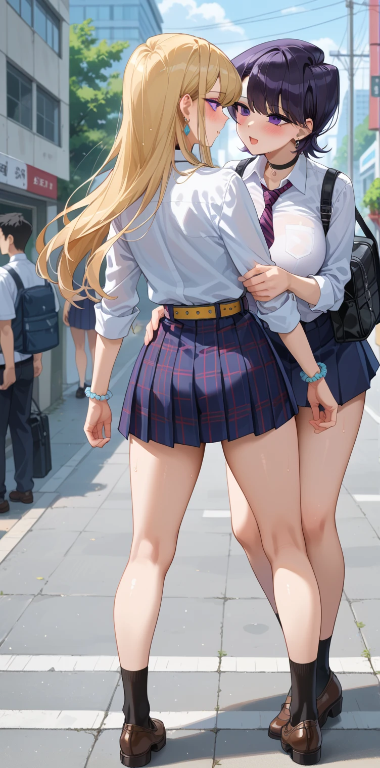 Get to grips, , (High school girl grabbed by the buttocks on the train), (shock expression), thick thighs, 3/4 stockings , pleated skirt, Beautiful One Girl, blonde, ponytail, (molestation), ((Man grabbing girl's ass on crowded train from behind)), Man grabbing girl's chest on train from behind