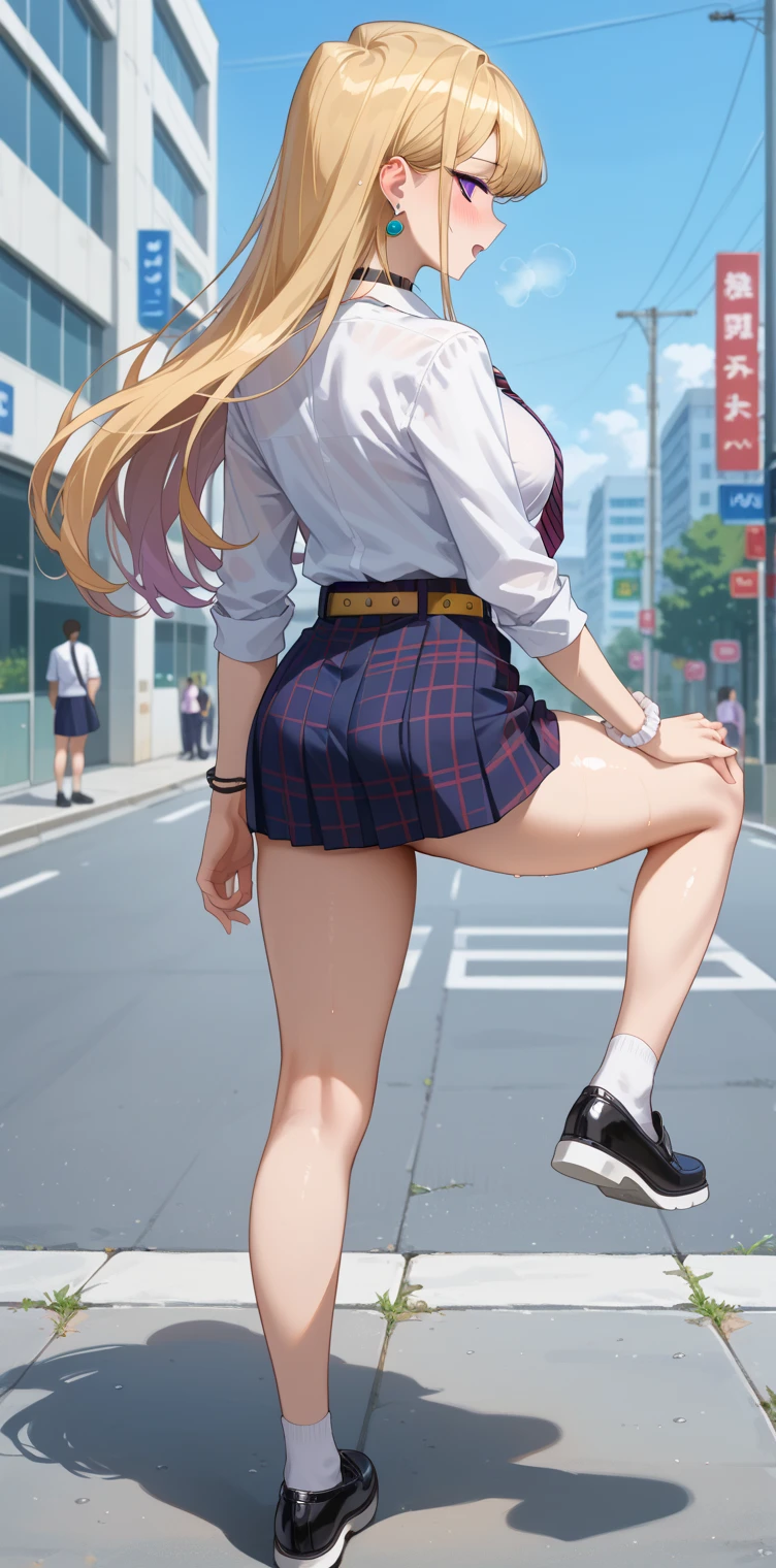 masterpiece, highest quality, High resolution, kitagawa marin sb, The centre of gravity is at the rear, 1 girl, Blonde, Long Hair, Colorful Hair, Red eyes, jewelry, Earrings, Earrings, , White shirt, tide shirt, black choker, Blue tie, Checked skirt, (full body), lace black panties,(Showing panties:1.3), (Back view:1.3), (Looking back:1.5), (lean forward :1.5), Outdoor, shopping