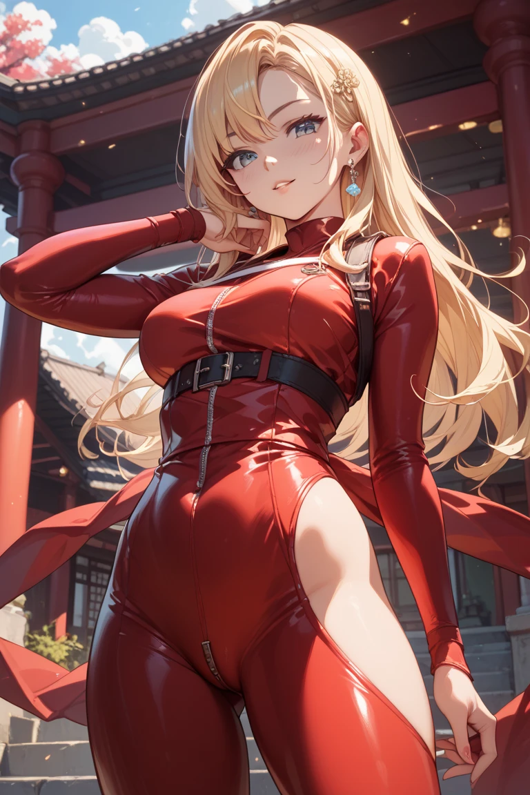 nsfw, 8k, Delicate image quality, best quality, (((blond twintails))),red leather armour, panty hose, 16 year old Beautiful girl, masterpiece, best quality, ultra detailed, Photo taken from below, outdoors, storm, lightning, leg spread,