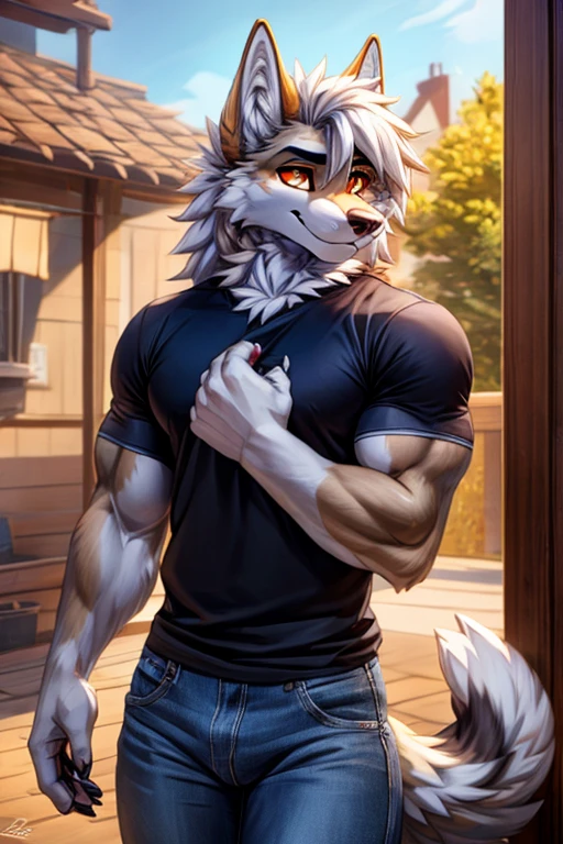 (great quality), lobo, alone, detailed face, detailed body, 5 fingers, Detailed hands, green eyes, detailed eyes, short hair, 2 arms, whole body, Posing, ((grey underwear)), half focus, por pache riggs