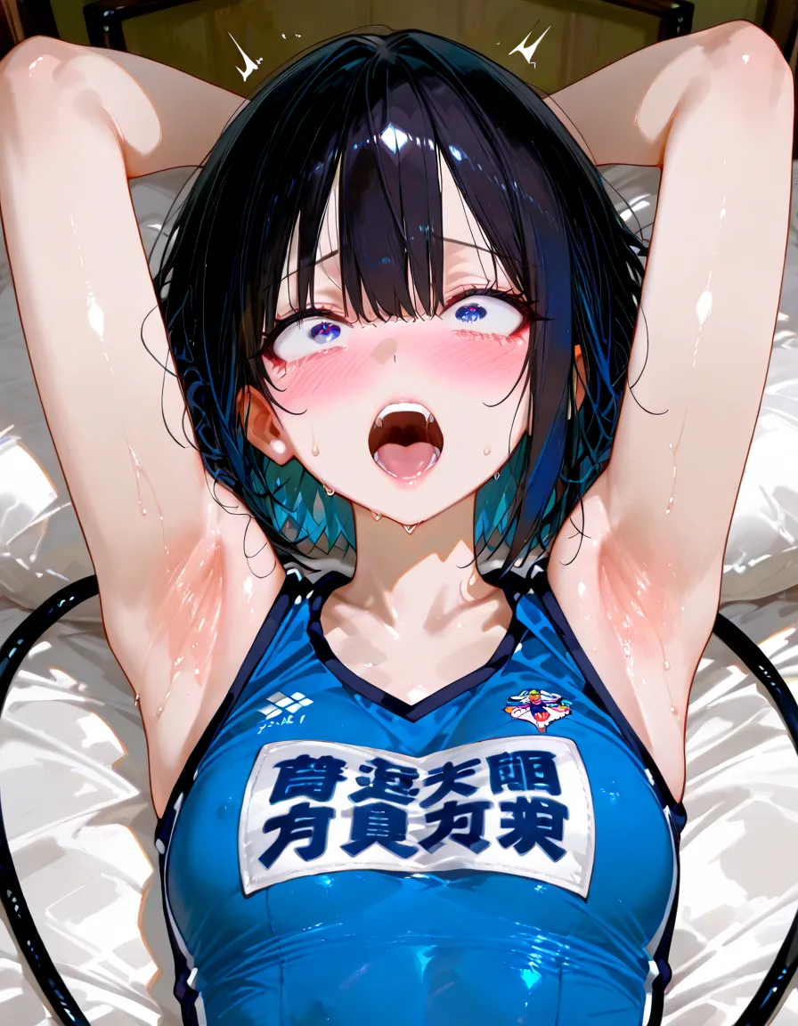 Mikazuki Shizuka, alone,One girl,Sportswear,Delle,belly button,sex,Insert,Have sex,Sweaty,Lovey-dovey sex,Poke,Holding hands,Medium chest,Sound effect,nsfw,Poolside,blush,BREAKscore_9, score_8_Excellent, score_7_Excellent, anime
