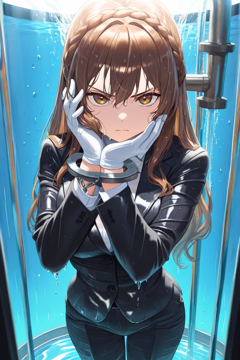 Highest,masterpiece,Highest品質,High resolution,high quality,Realistic,short hair,Wet髪,Torn pantyhose,Black Skirt:1.5,High heels, Collared shirt,Cleavage,Black jacket,business suit:1.5,Sit in the bathtub,Pinch your hands between your thighs,Wet,Sweat,orgasm,Fair skin,Oily skin,ID card,White chocolate:1.5,orgasm:1.2