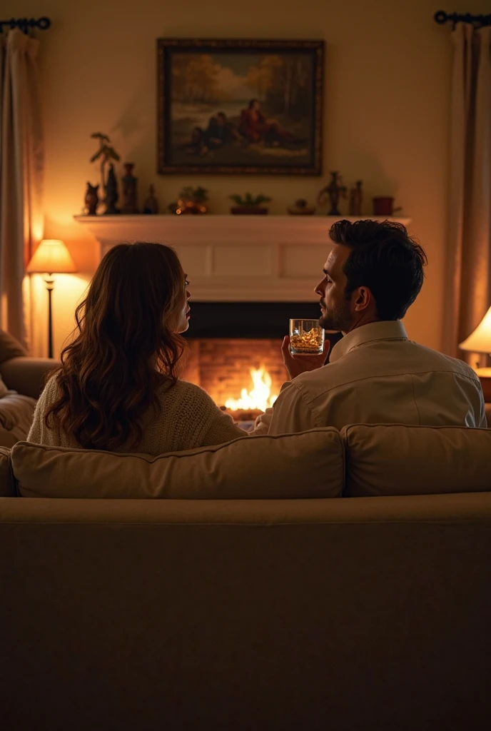 The man in his 55s with black very short hair and smooth face with moustache, he is wearing a black turtleneck. The woman in her 55s with brown long wavy hair, she is wearing a white satin lacy low-cut nightgown. The woman is sitting on the sofa with her legs open. The man is on his knees on the floor between the woman's legs and kisses her leg. Farmhouse living room, fireplace burning in the back. Time is night. The environment is dark and dim. UHD. HDR. Cinematic.